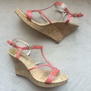 Michael Kors Cicely Watermelon Orange Patent Leather Wedge Heel Sandals Women 10